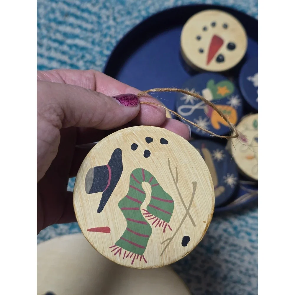 Round Snowman Face Christmas Ornaments Set of 7‎ Wood Sleigh Lights Mittens wood